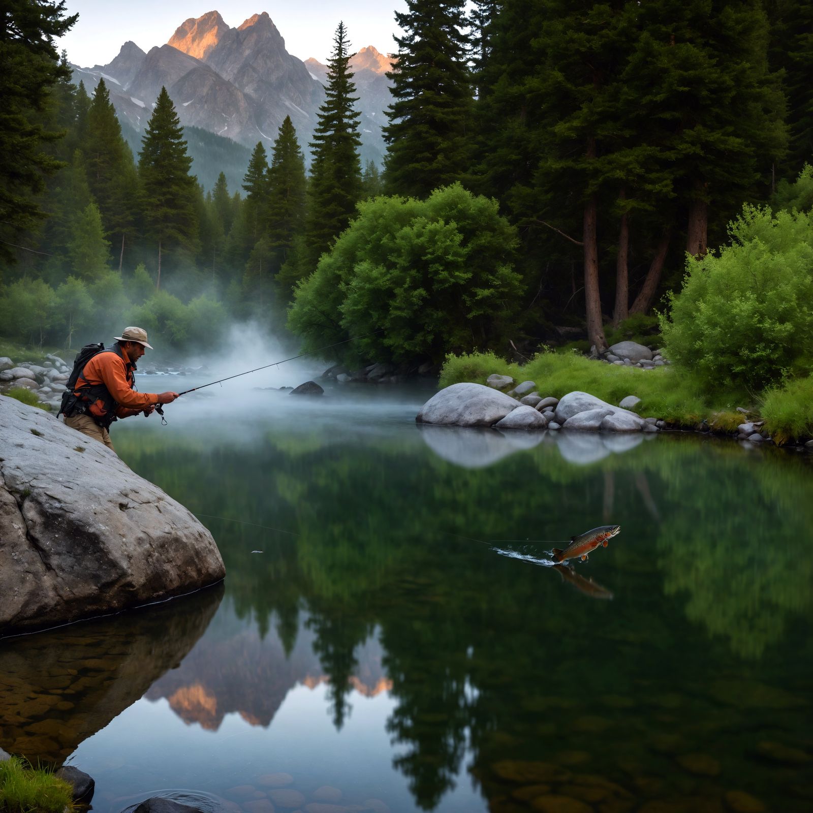 Fisherwoman Fly Fishing at Dawn in Mountain Stream