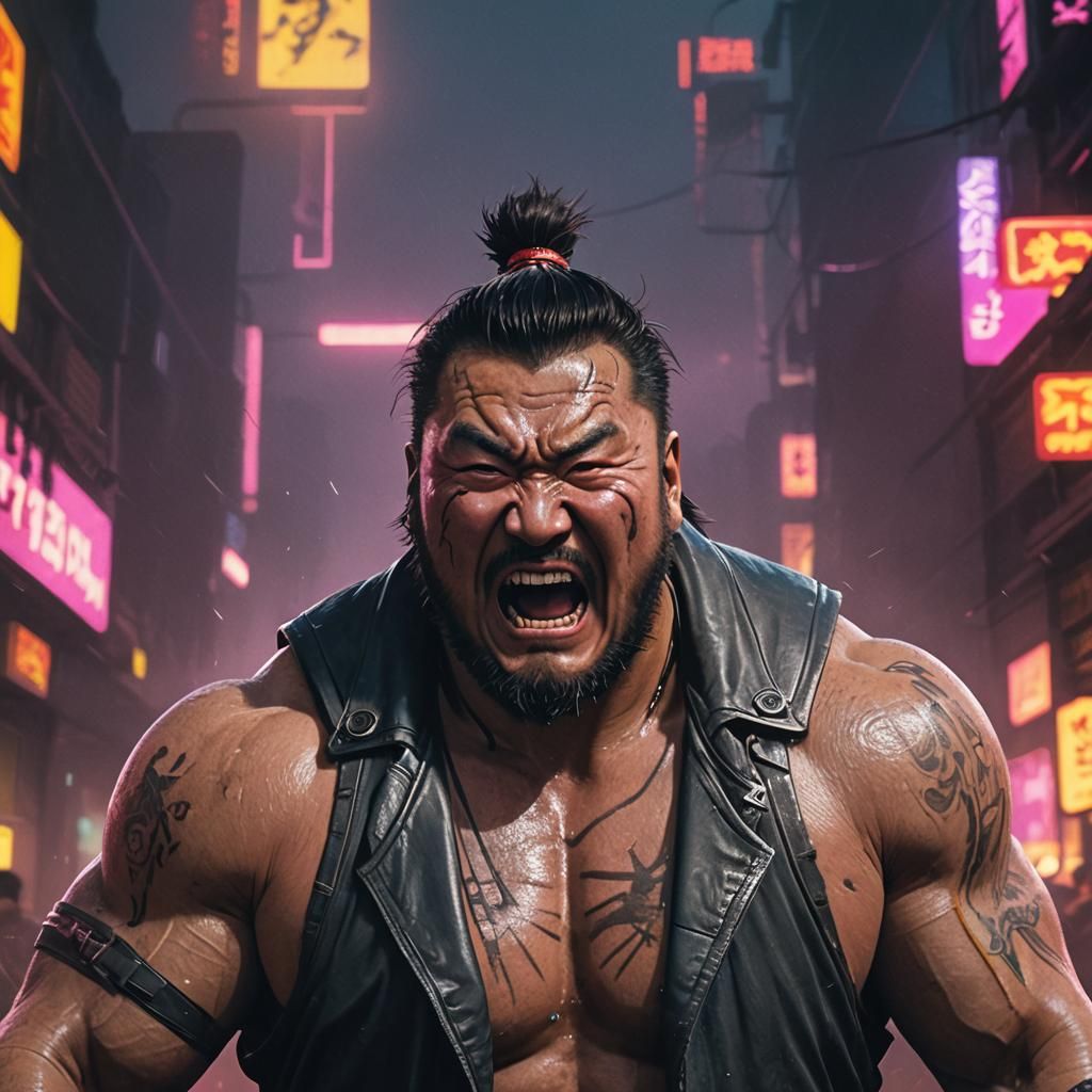 Cyberpunk Transformation: Man to Muscle in Neon Future