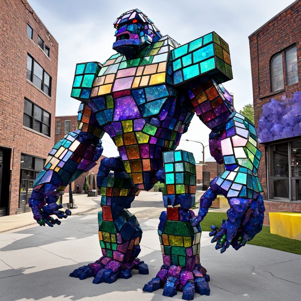 Vibrant Glass Golem Towers Over Ruined City