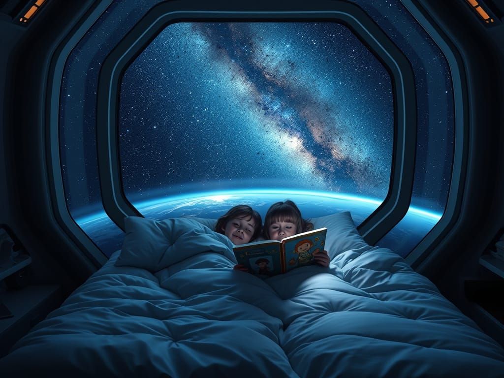 Children Reading in Space Station, Digital Illustration