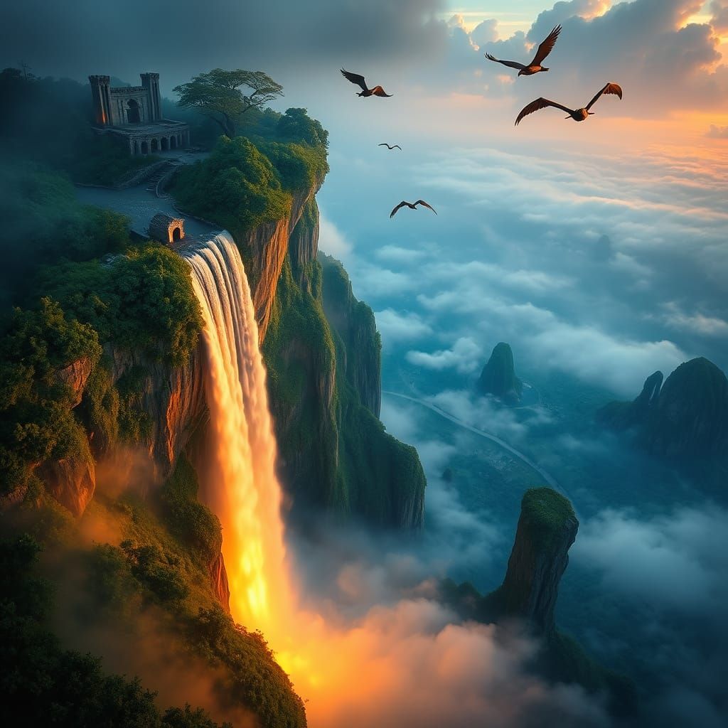 Majestic Waterfall on a Floating Island in a Surreal Landsca...