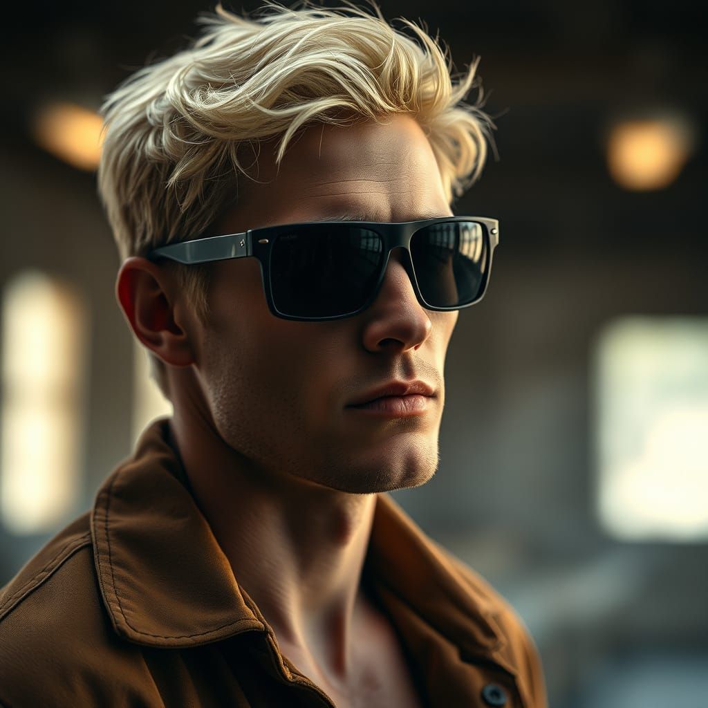 Hyperrealistic Blonde Man Posing in Sunglasses
