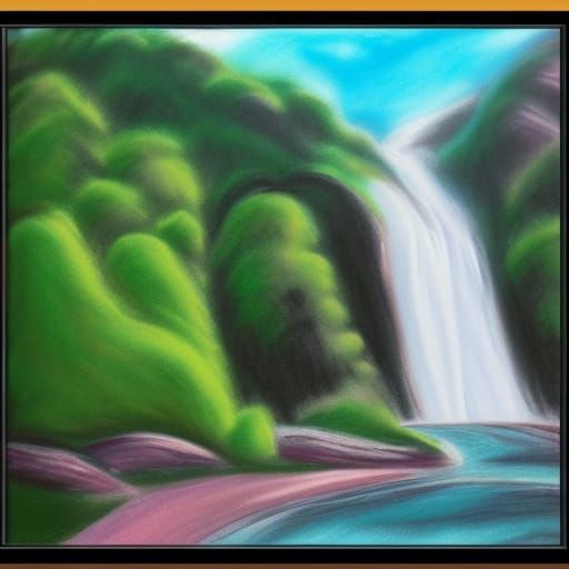Pastel Mountains and Waterfall Landscape