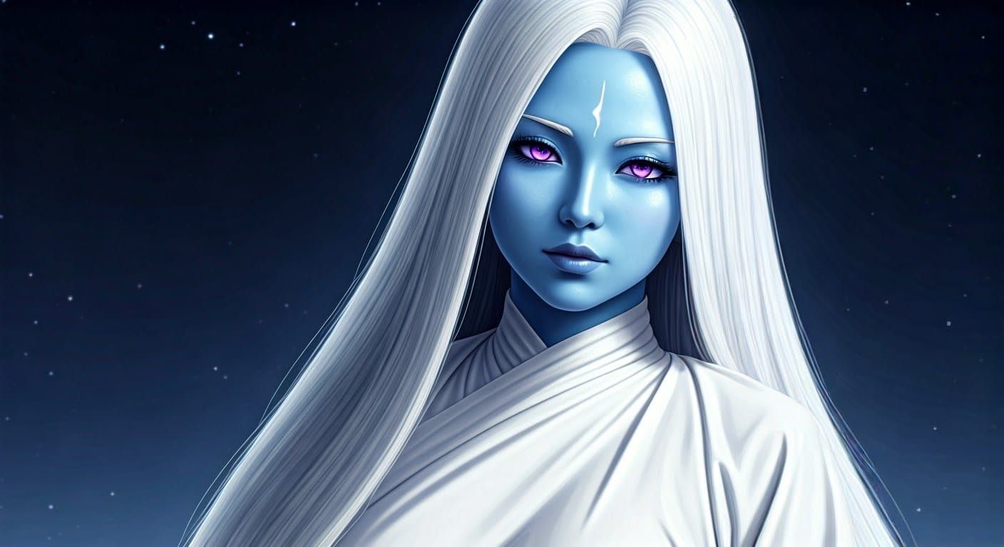 Ethereal Angel Woman with White Hair and Purple Eyes