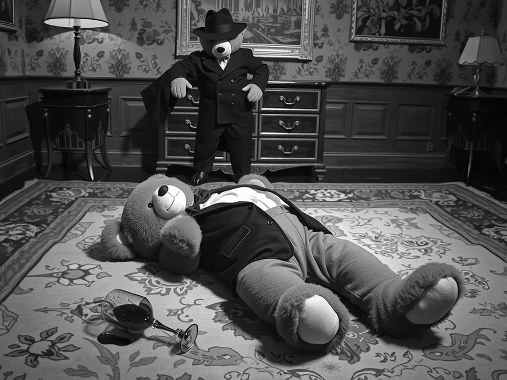 Debonair Teddy Bear Amidst Oriental Rug and Wineglass in Fil...