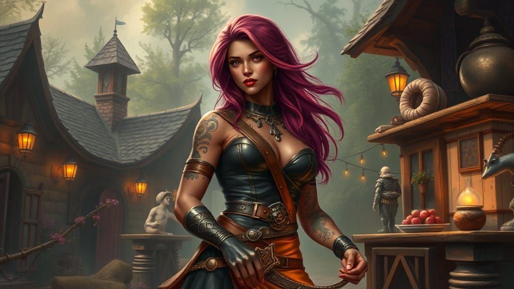 Fantasy Tattooed Bodybuilder in Village, Hyperdetailed Art