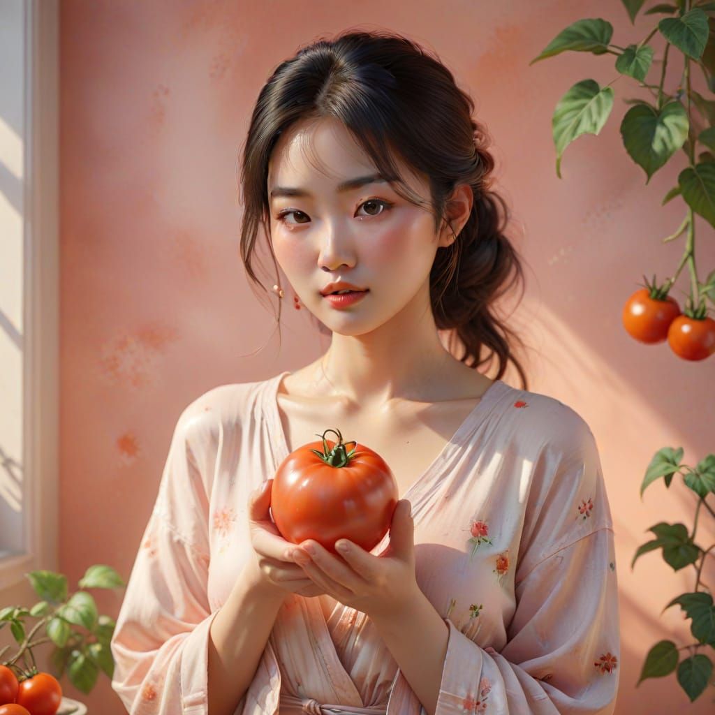 Whimsical Watercolor Painting of Petite Asian Woman in Seren...