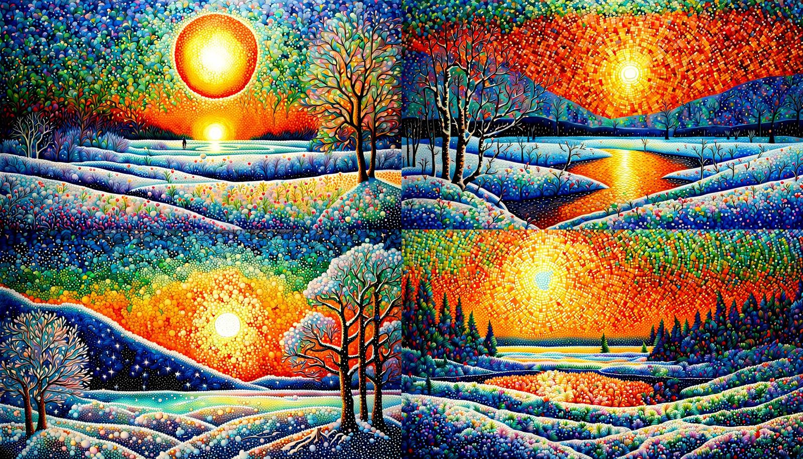 Midnight Sun Over Frozen Landscape in Pointillism