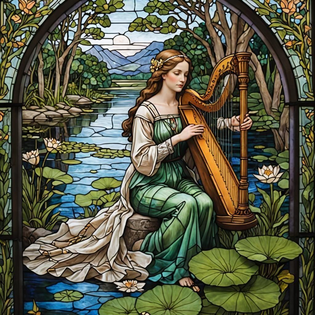 Stained Glass Window of a Harper by a River