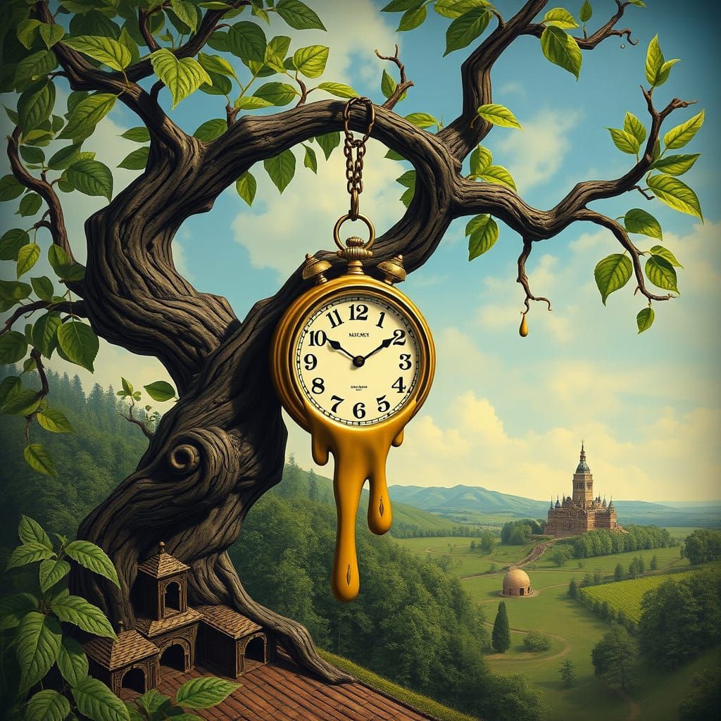 Melting Clock on Branch in Surrealist Style