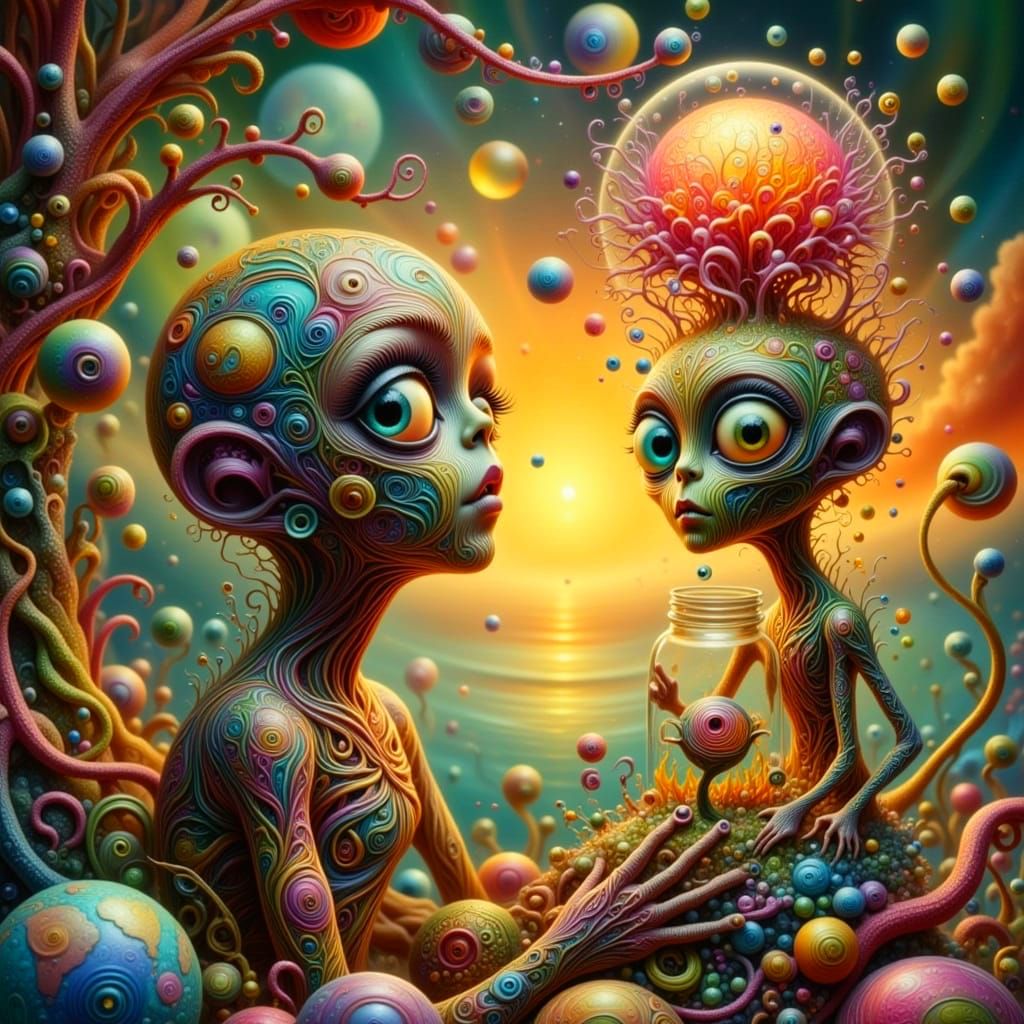 Whimsical Girl Discovers Intricate Alien World in Glass Jar