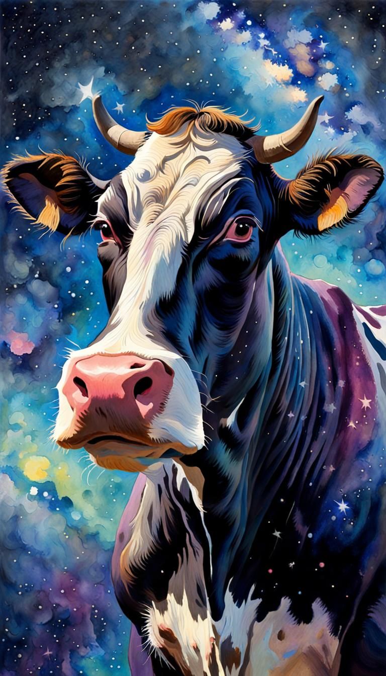 Milky Way Cow in Gouache Impressionist Style