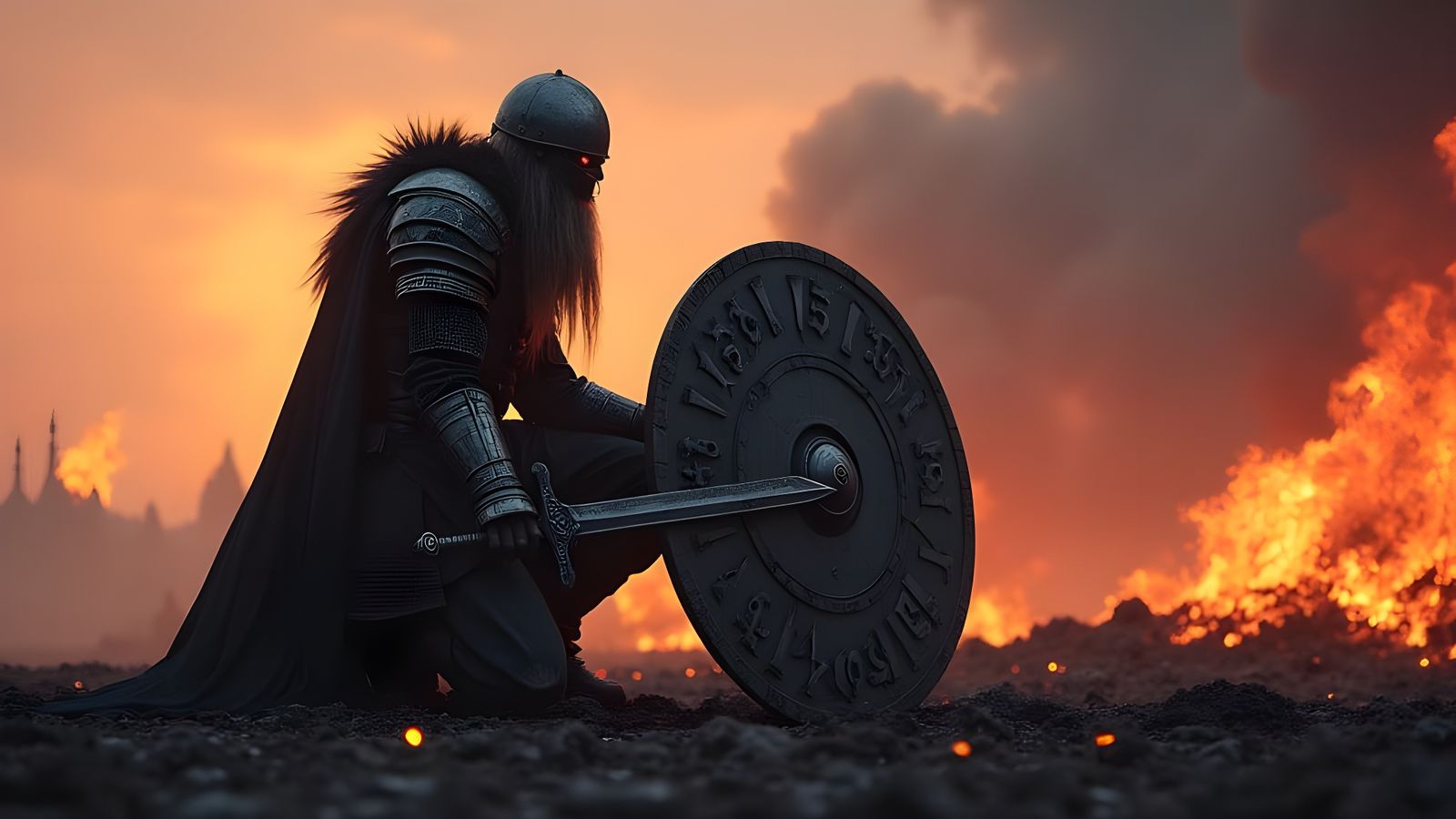 Armored Warrior in Burnt Battlefield with Glowing Runes