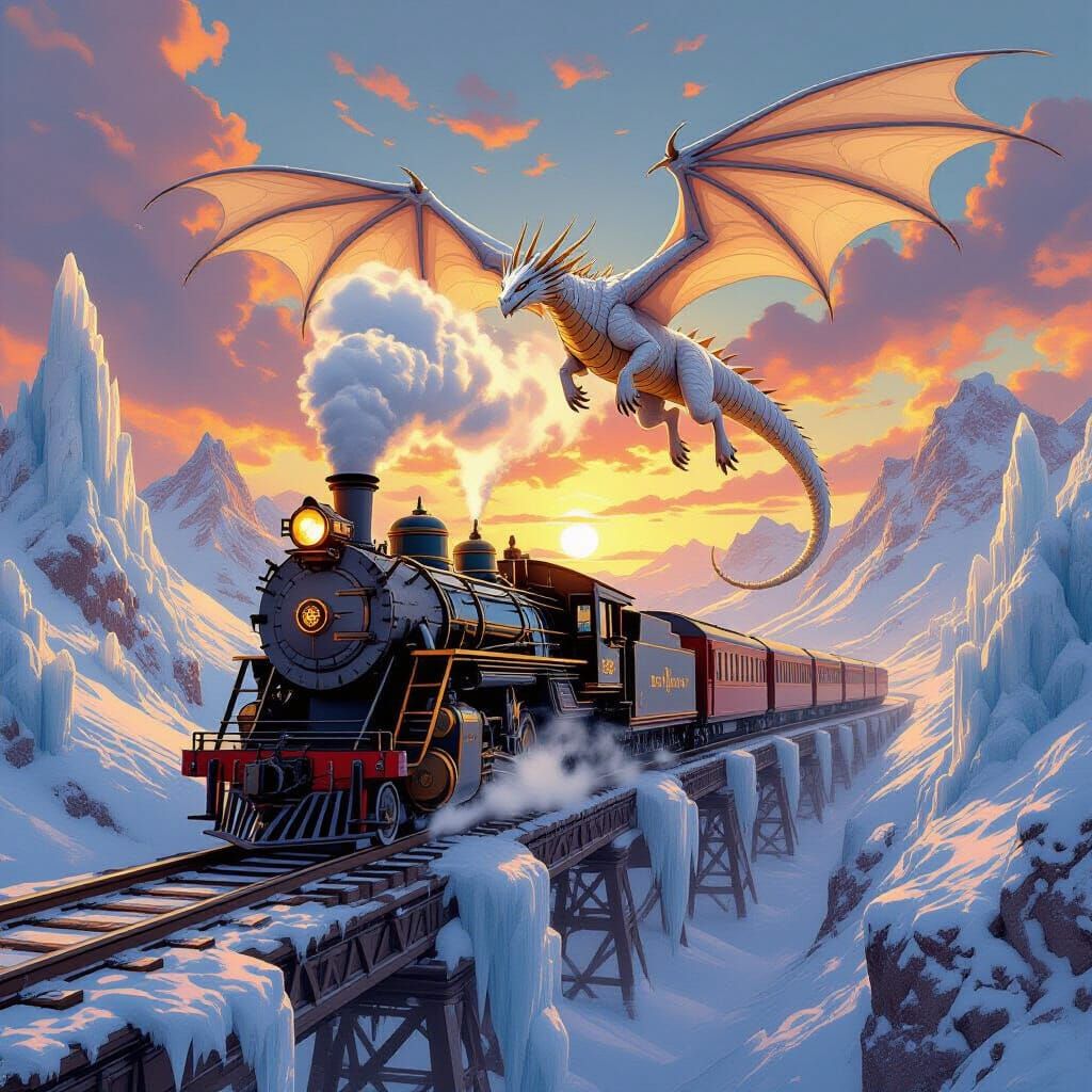 Steampunk Train Escorted by Dragon in Snowy Landscape