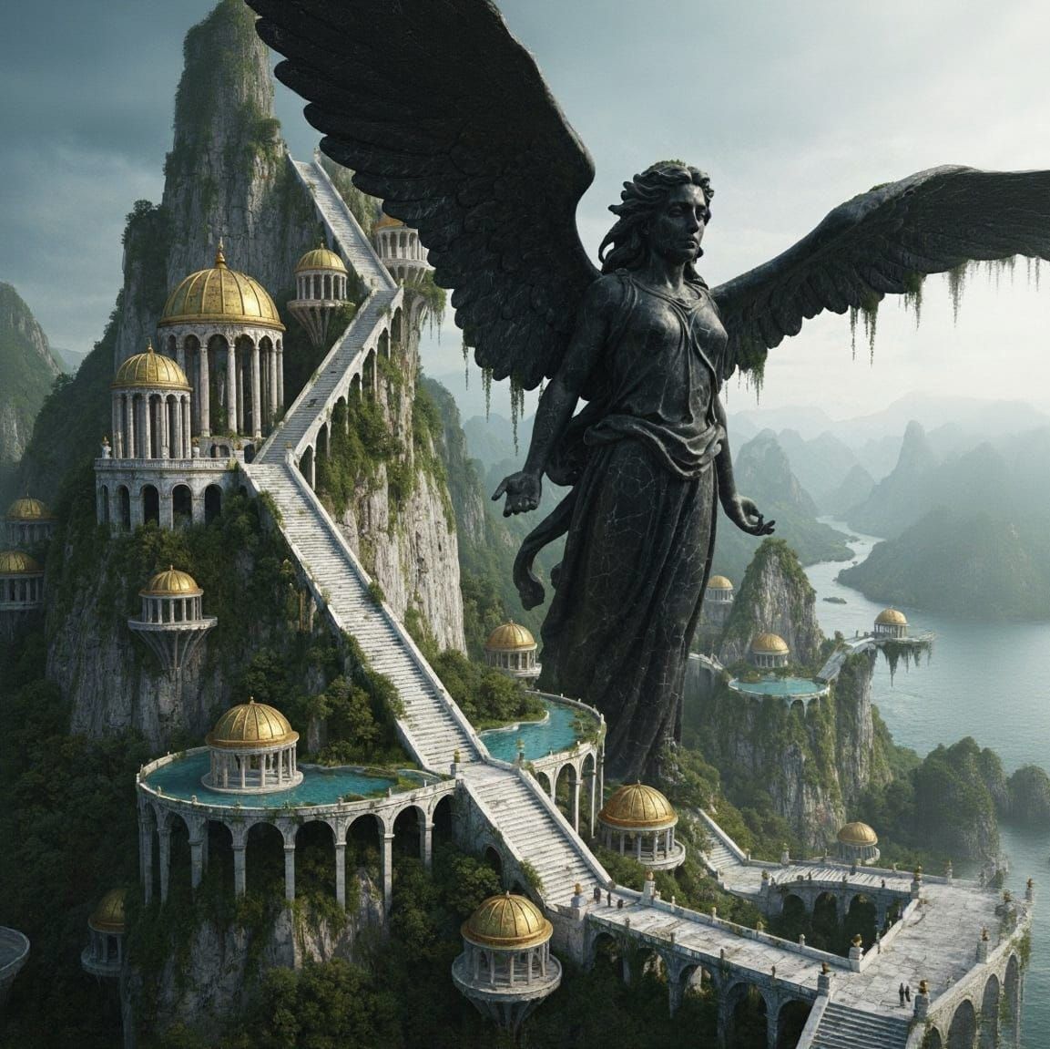 Giant Overgrown Angel Statue in Ruined Temple City