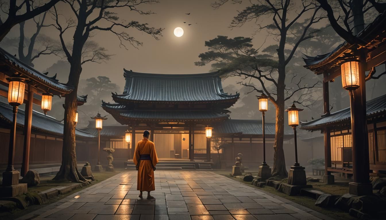 Eerie Japanese Temple Scene with Monk and Ghosts