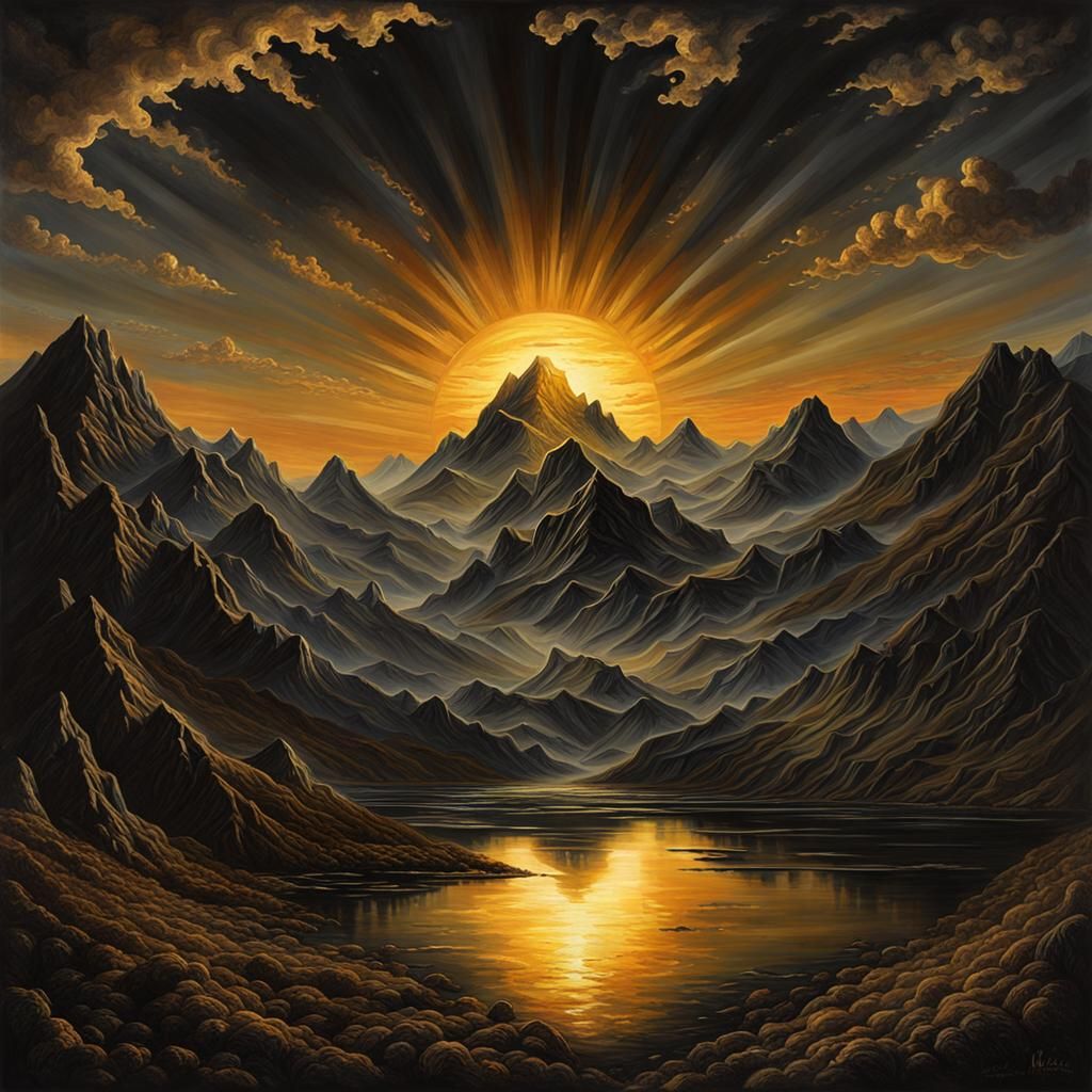 Mountain Sunset Optical Illusion in Dark Fantasy Style