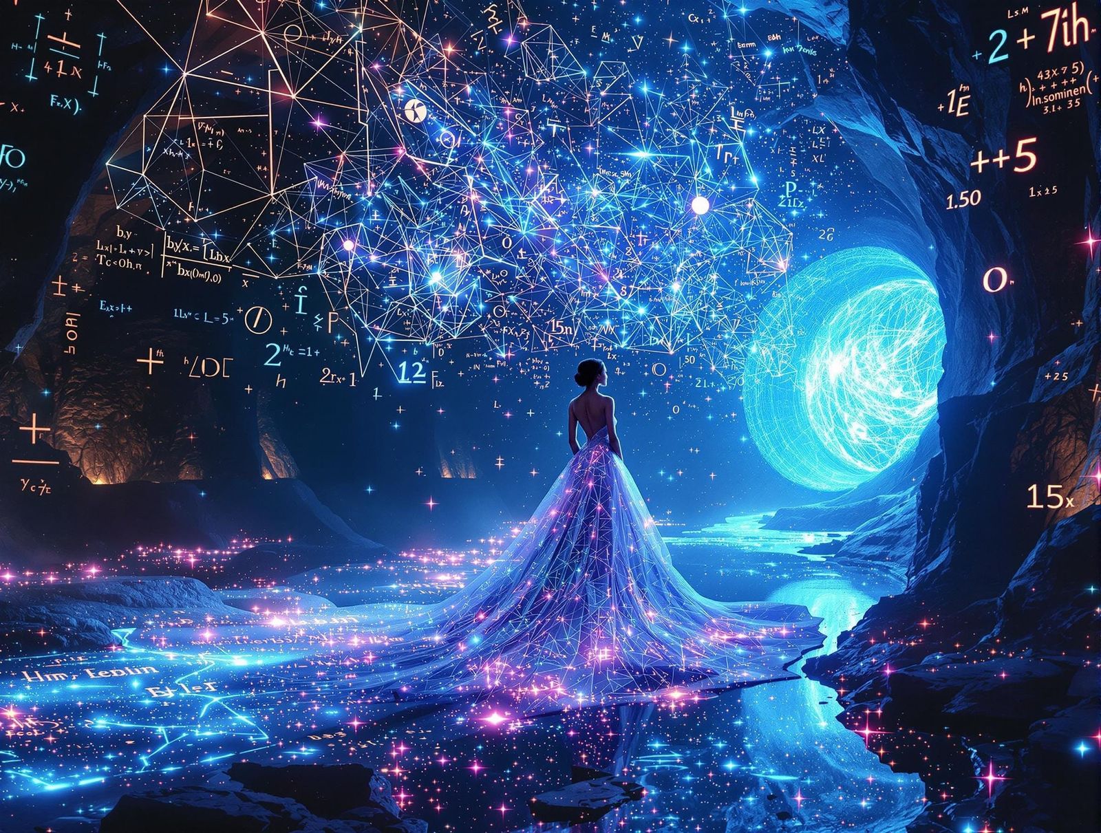 Surreal Math Goddess Visualizing Complex Formulas in a Dream...