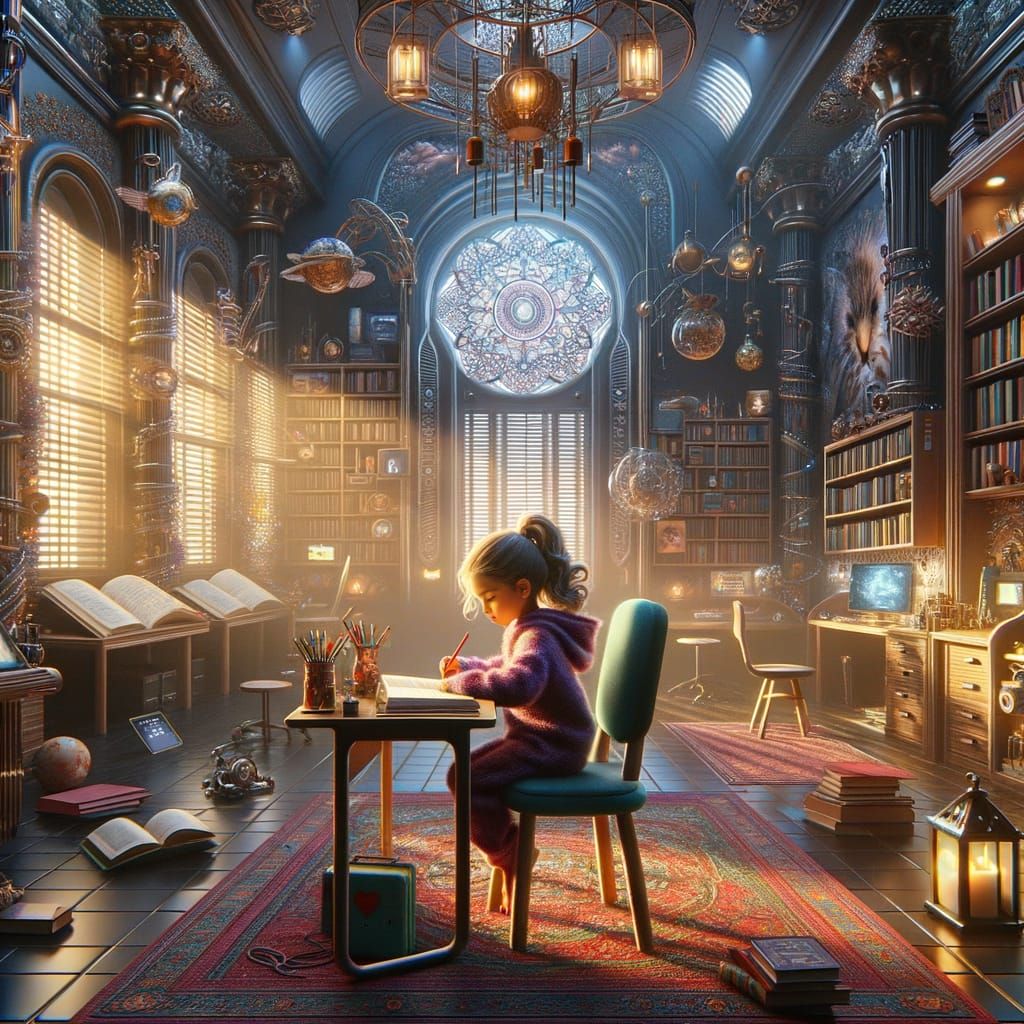 Young Girl Studying in Futuristic Smart Room