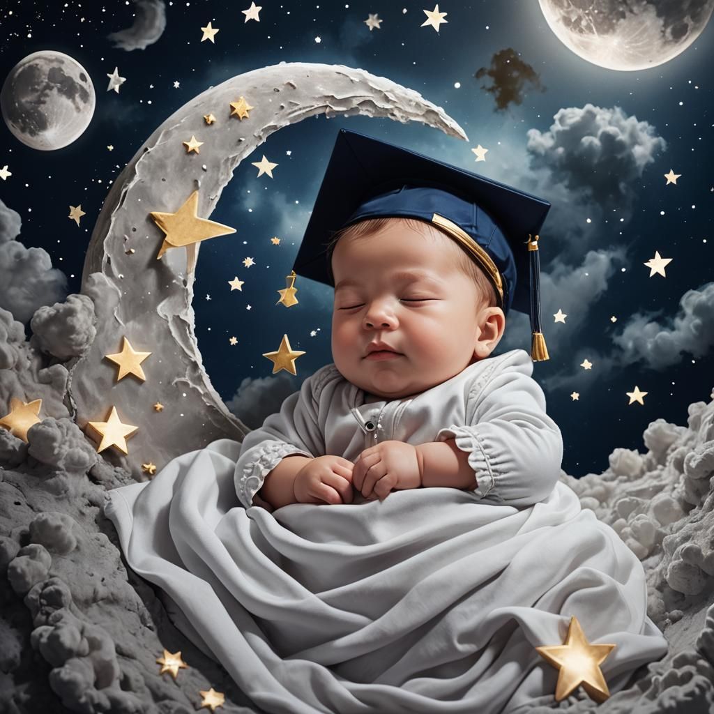Baby on Moon with Neon Graduation Cap