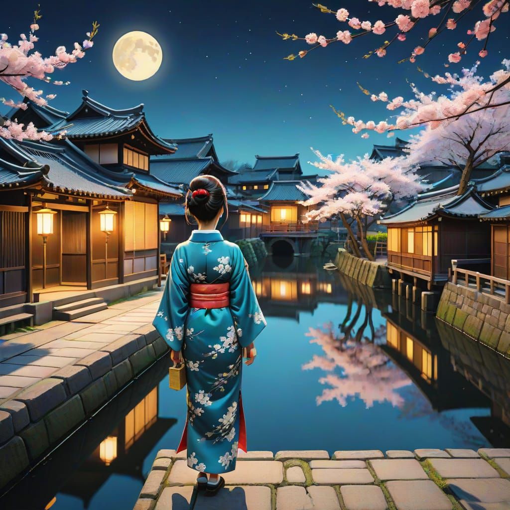Serene Rebirth in Moonlit Ukiyo-e Landscape