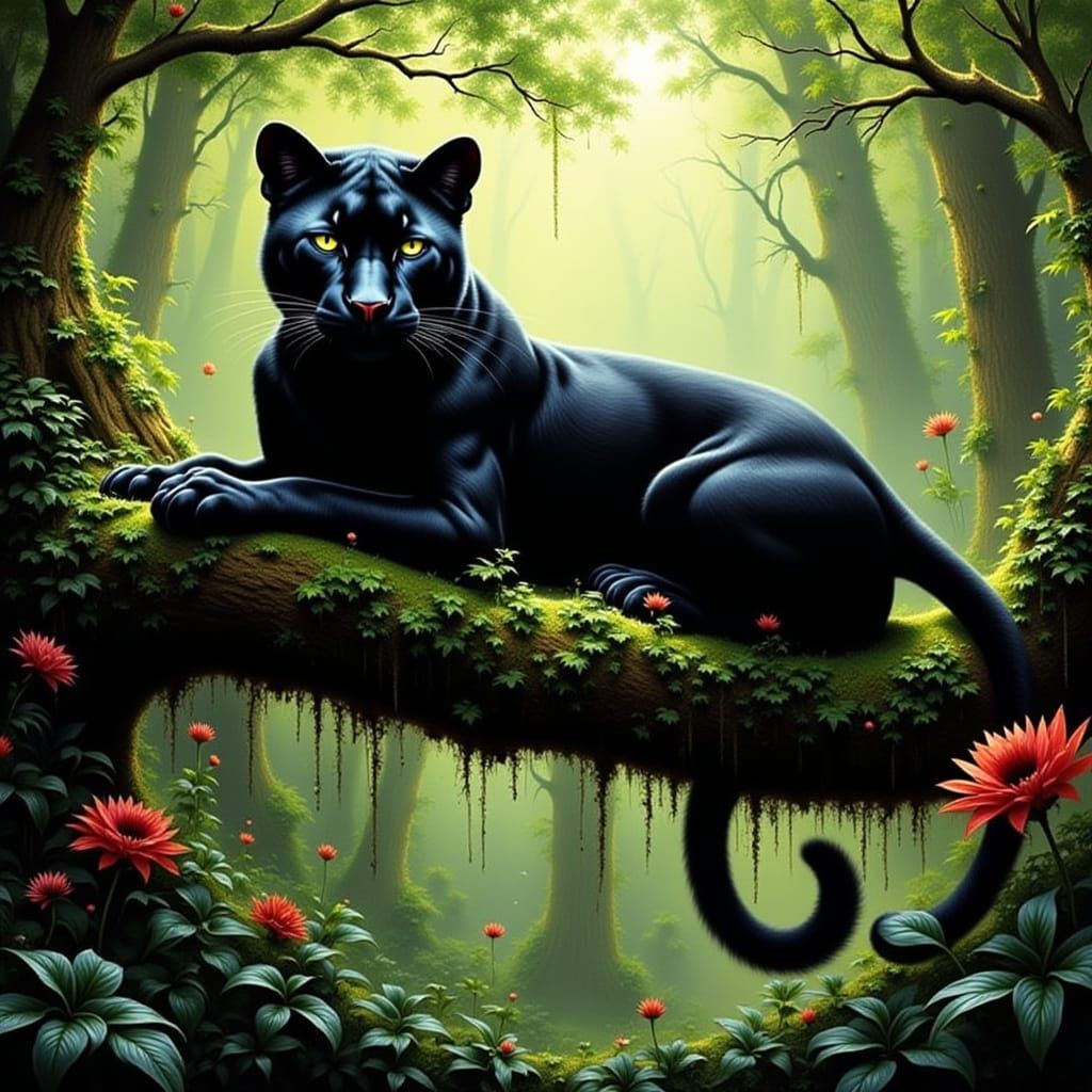 Sleek Black Panther Lounges in Sun-Dappled Forest
