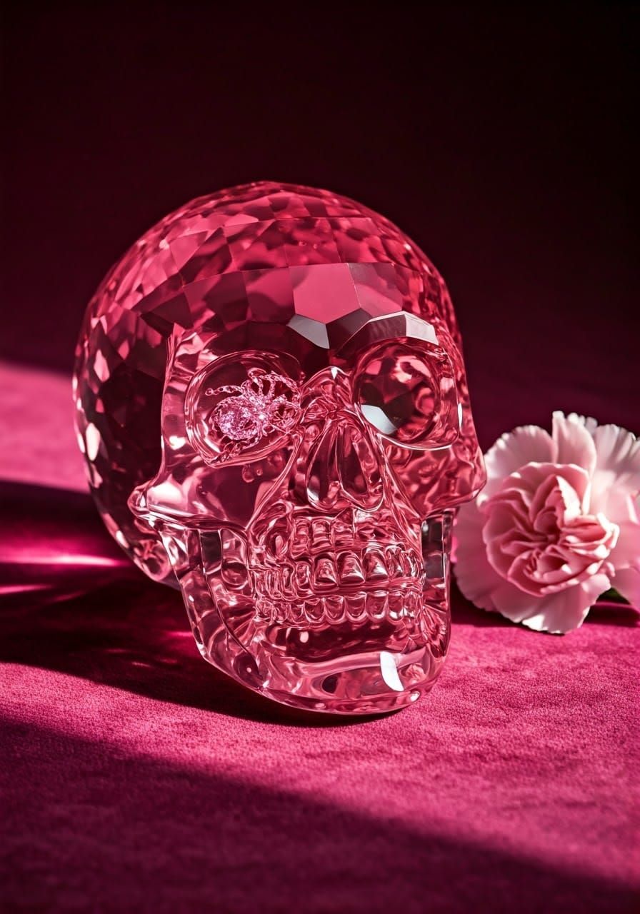 Pink Crystal Skull with Spider: Hyperrealistic Still Life