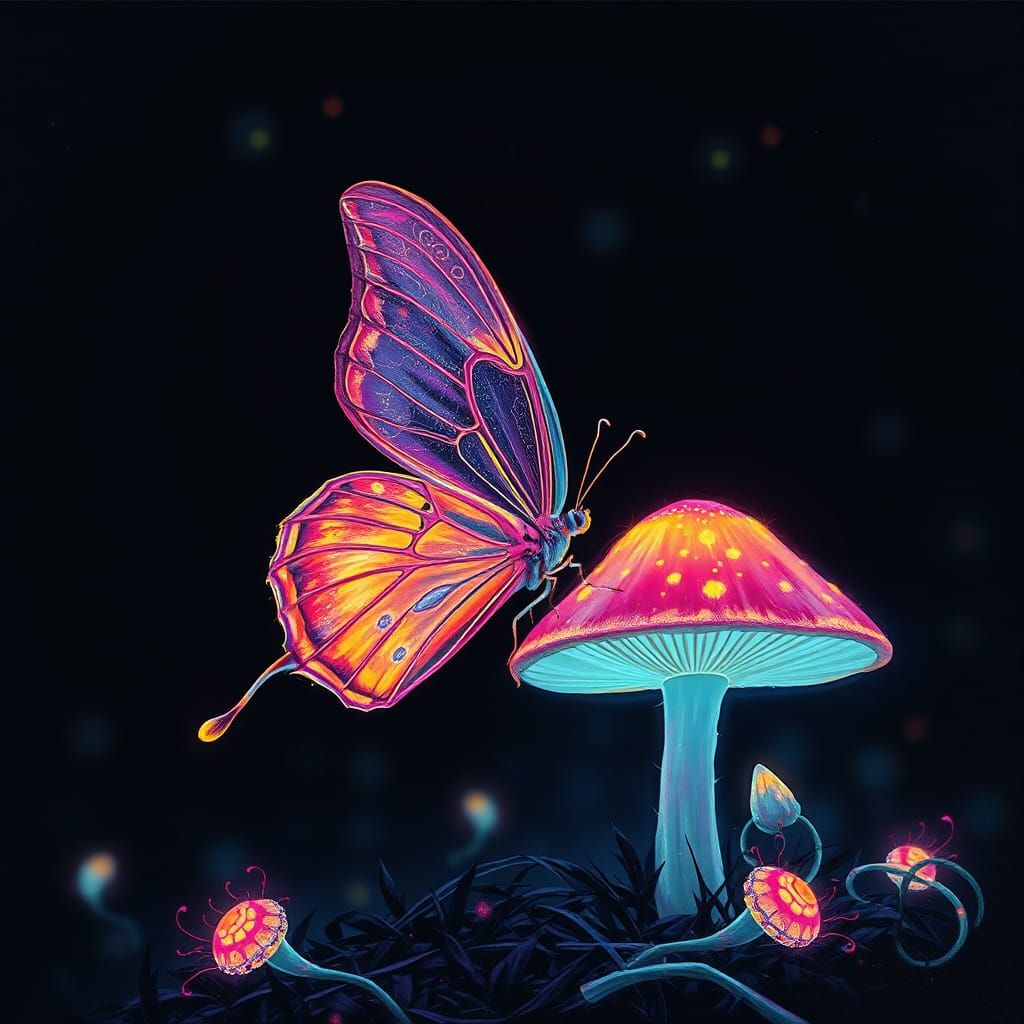 Ethereal Fluorescent Butterfly on Glowing Mushroom