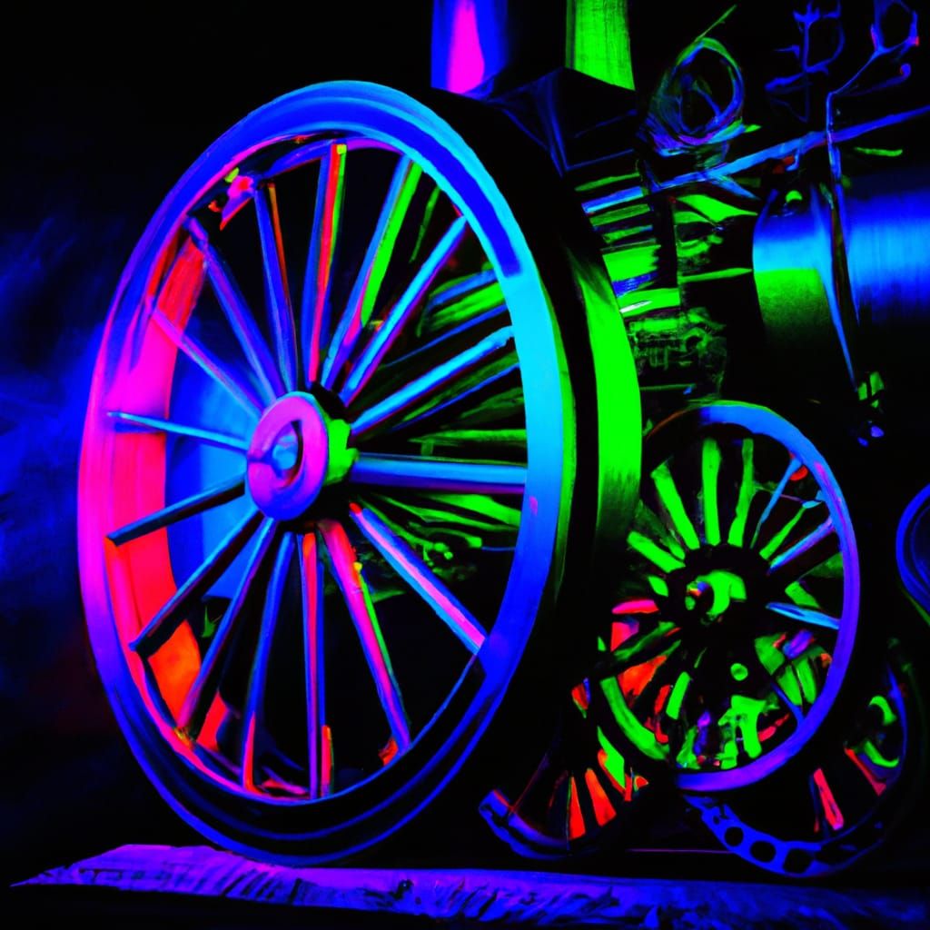 Steampunk Engine with Neon Wheels in Synthwave Style