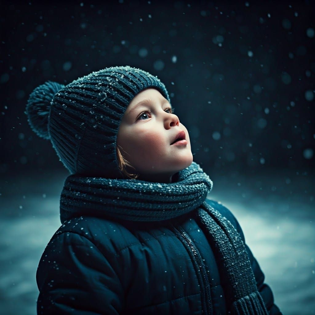 Child Catches Snowflakes on a Snowy Night