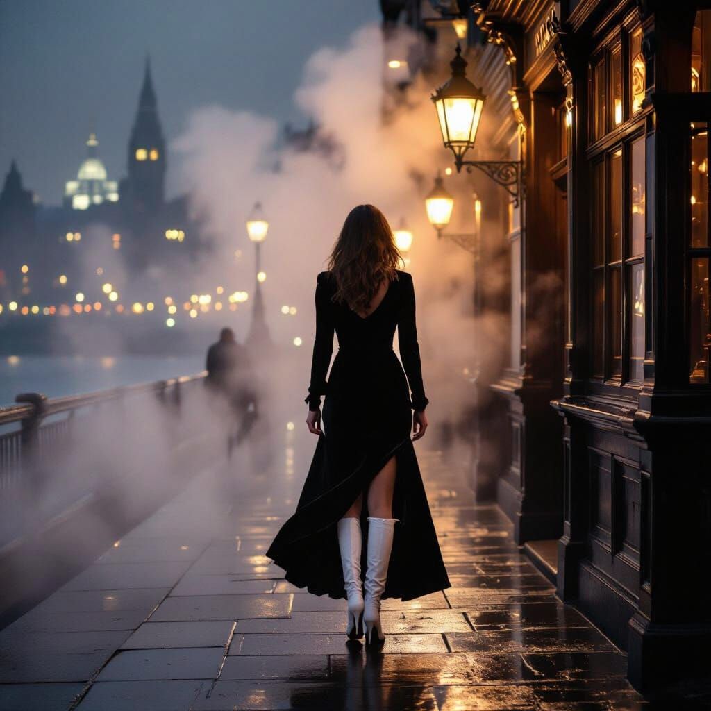 Victorian Woman Enters London Pub in Fog