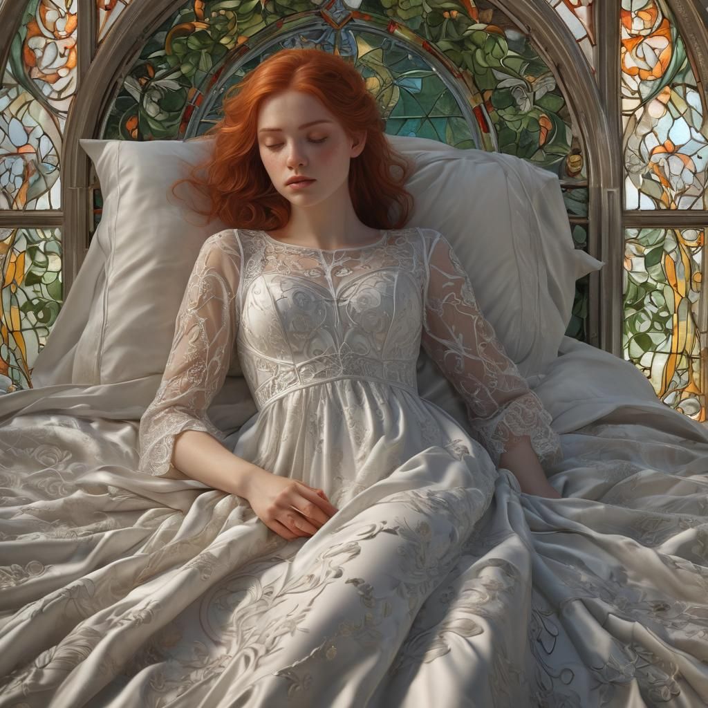 Red-Haired Girl on Velvet Bed in Magical Realism
