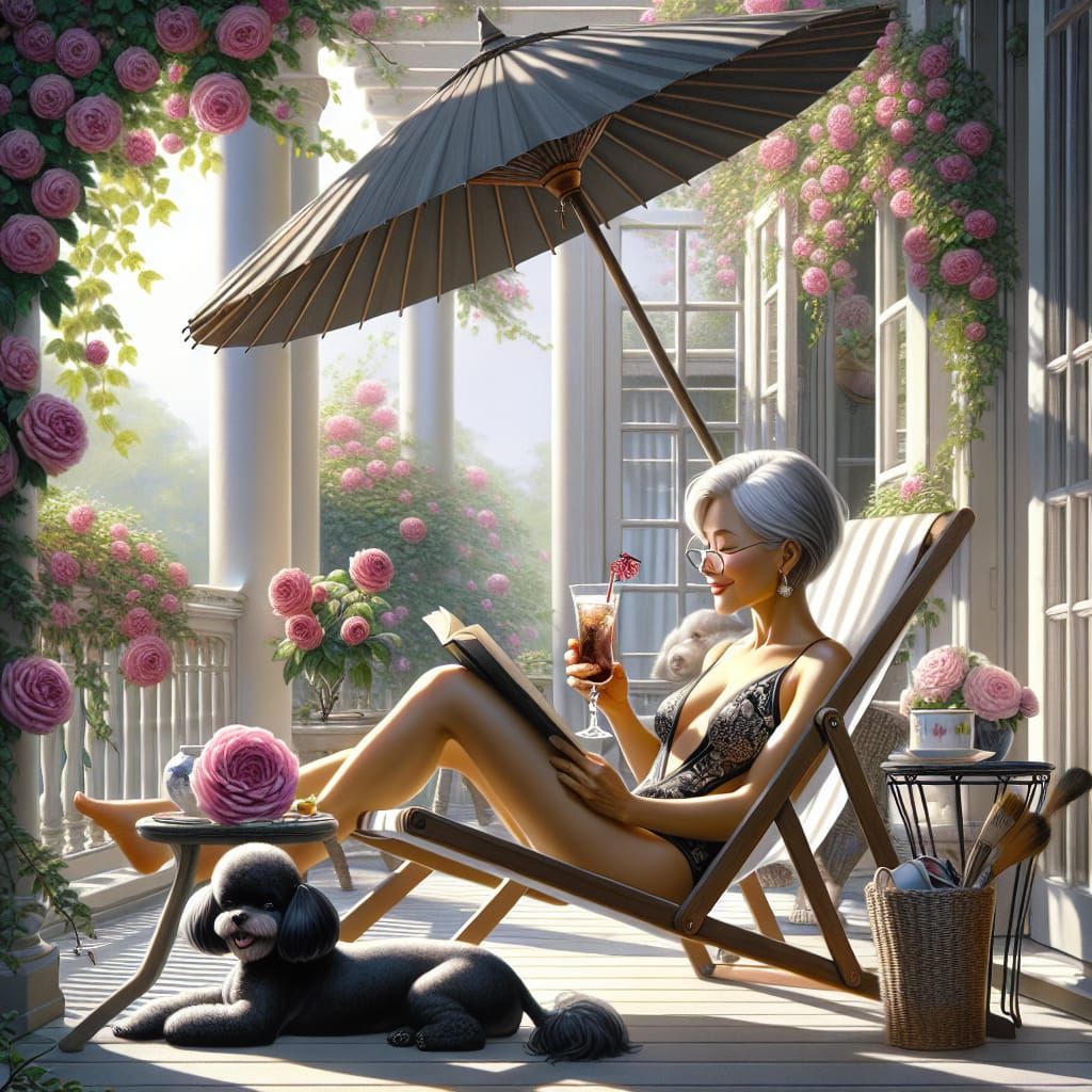 Elderly Woman's Summer Morning on Balcony