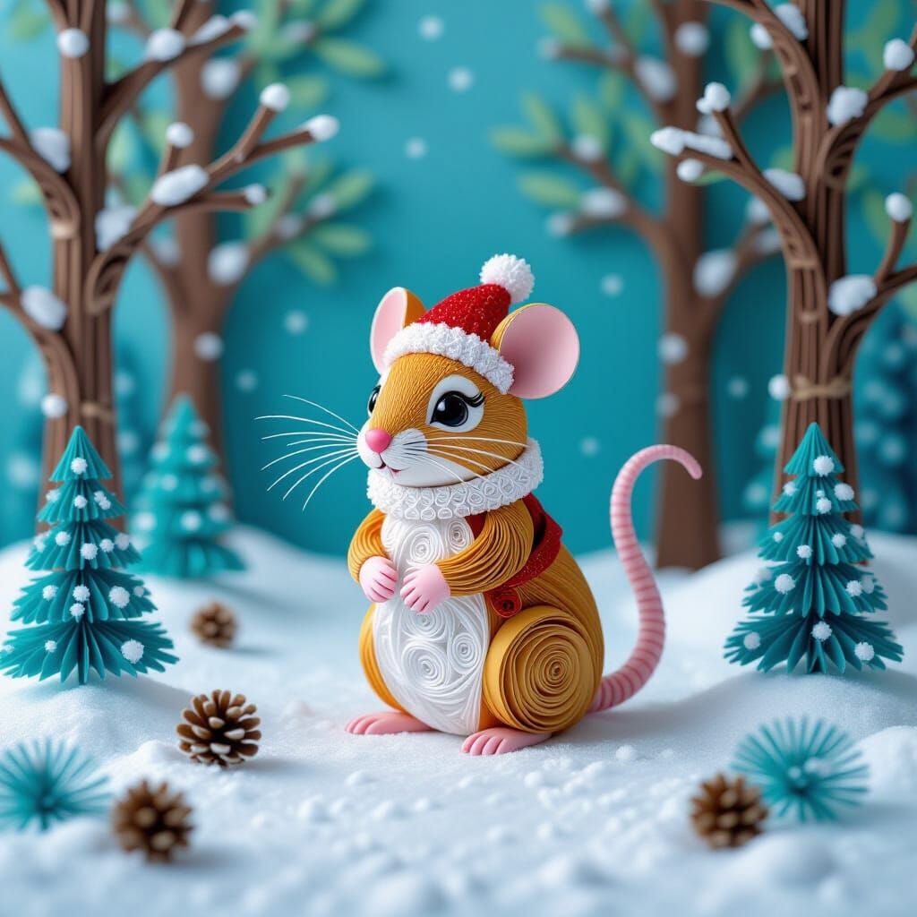 Miniature Paper Mouse in Snowy Forest Quilling Art