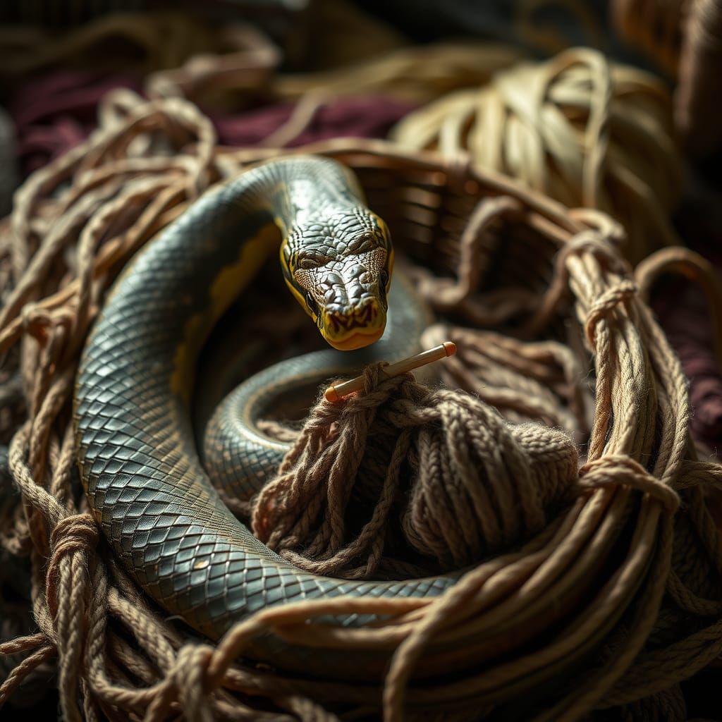 Cinematic Snake Knitting a Sweater