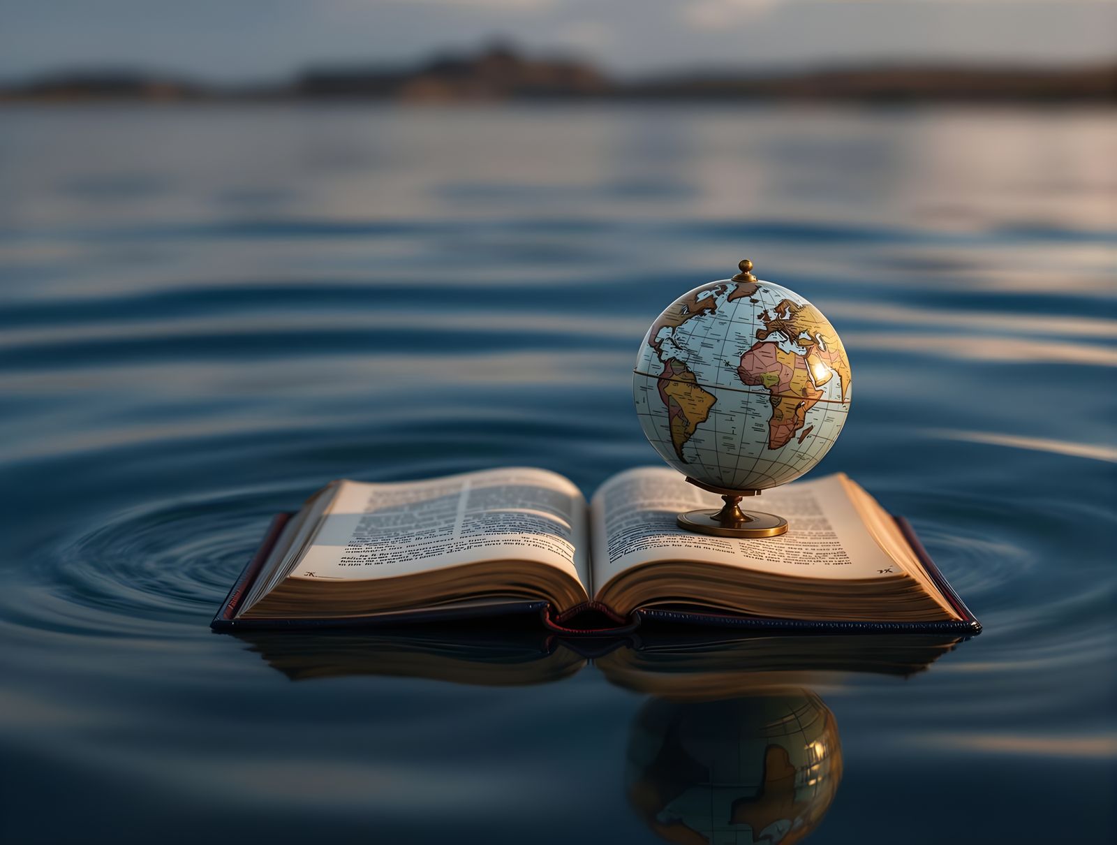 Floating Globe on Open Book in Cinematic Water Scene