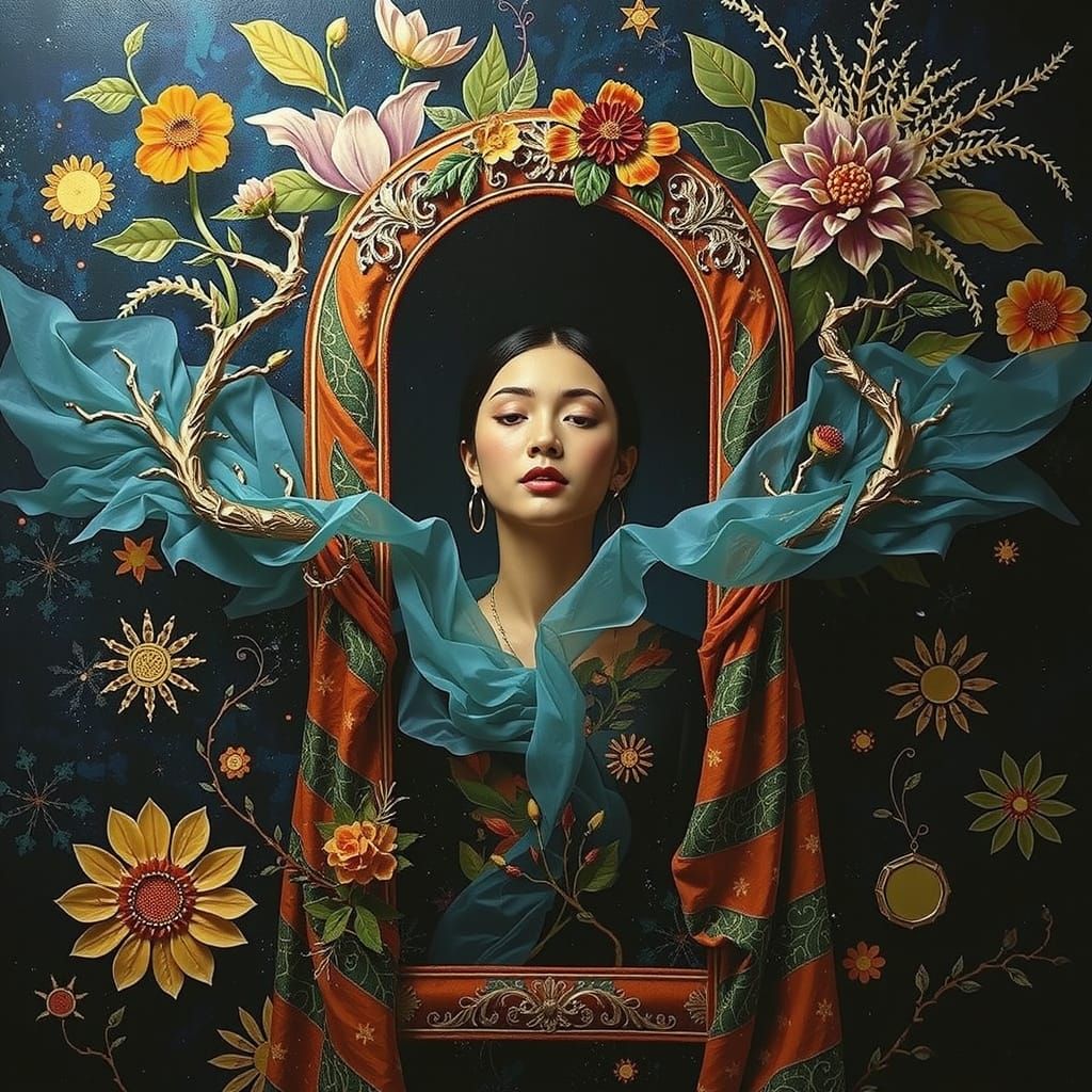 Vibrant Psychedelic Garden with Cosmic Mystery and Gold Acce...