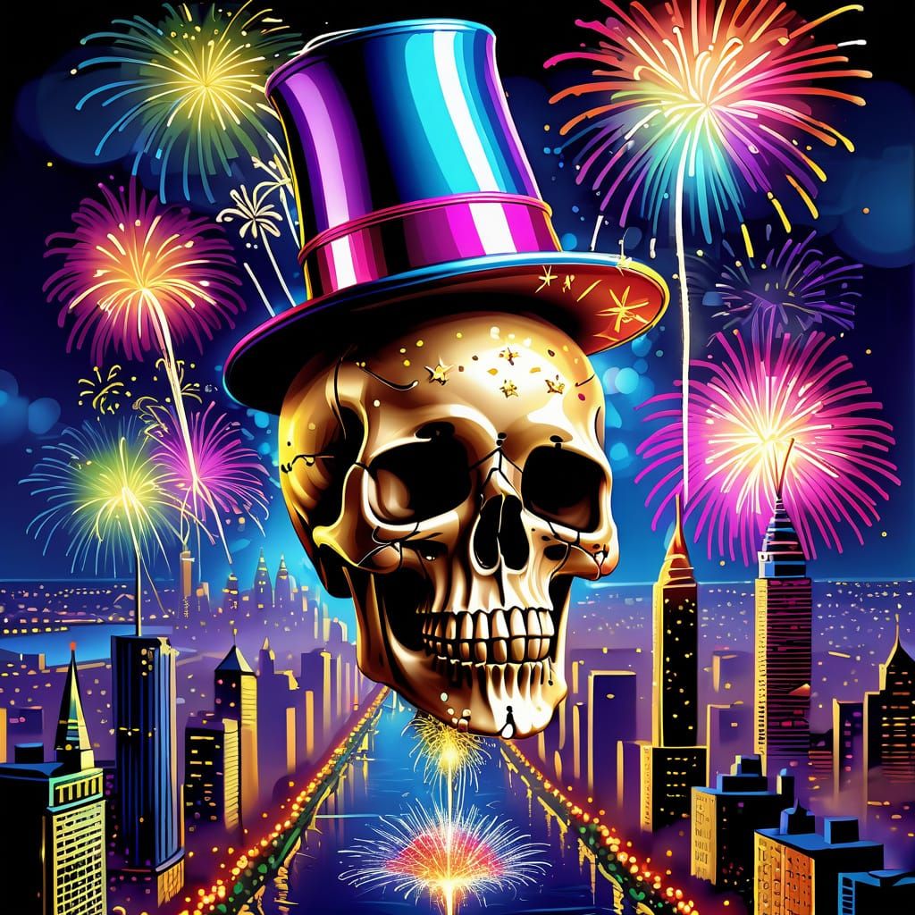 Skull Drops New Year's Eve Ball in Vibrant Cityscape
