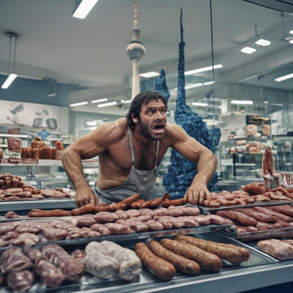 Bewildered Neanderthal Butcher in Berlin Shop