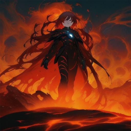 Anime Woman with Lava Powers in Volcanic Landscape