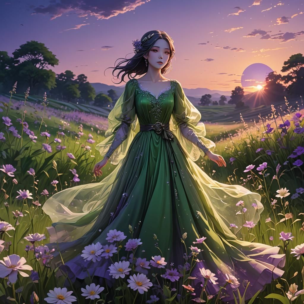 Ethereal Woman in Green Dress Floats Over Flower Field
