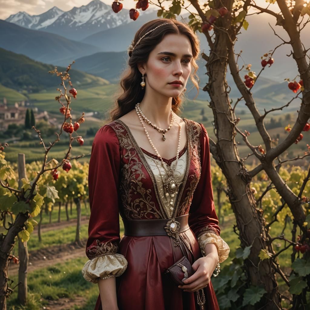 Medieval Lady in Vineyard: Pre-Raphaelite Portrait