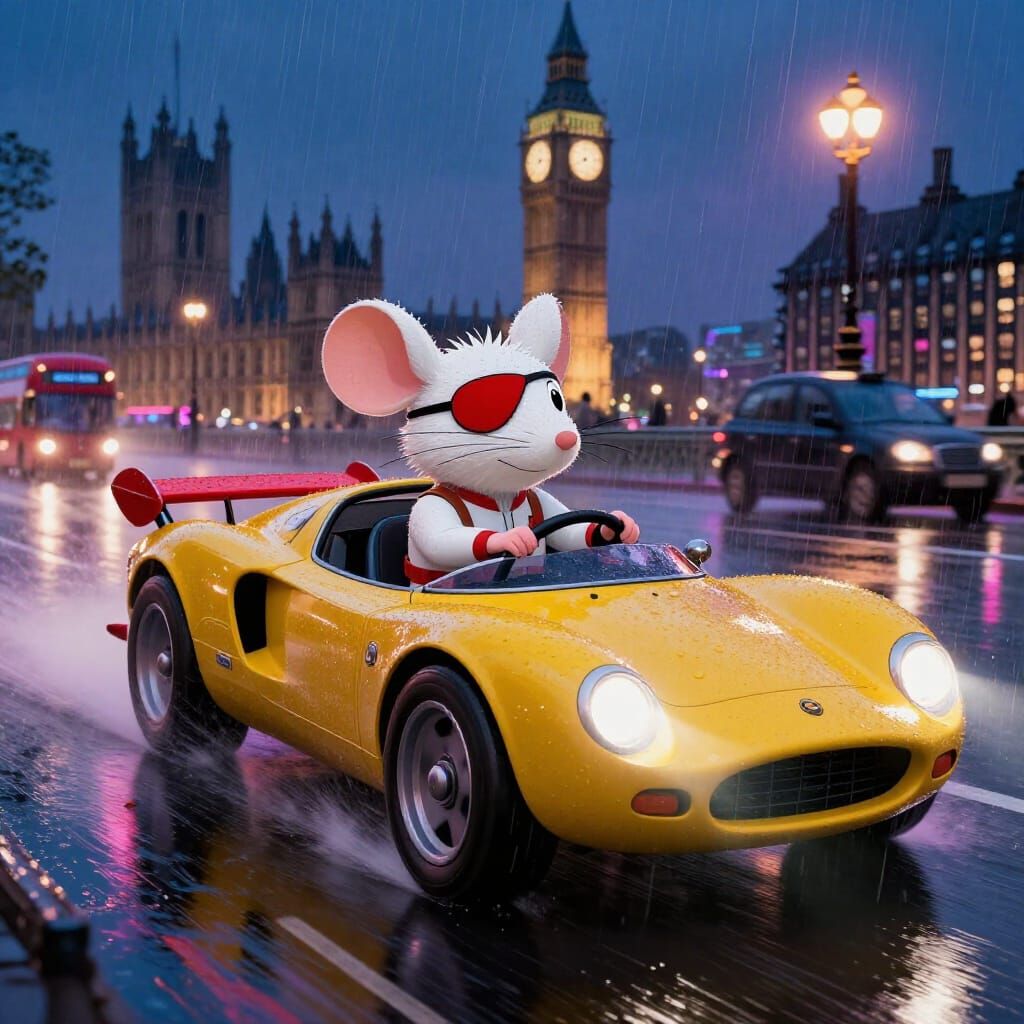 Danger Mouse Anime Hybrid Drives Yellow Car in Rainy London