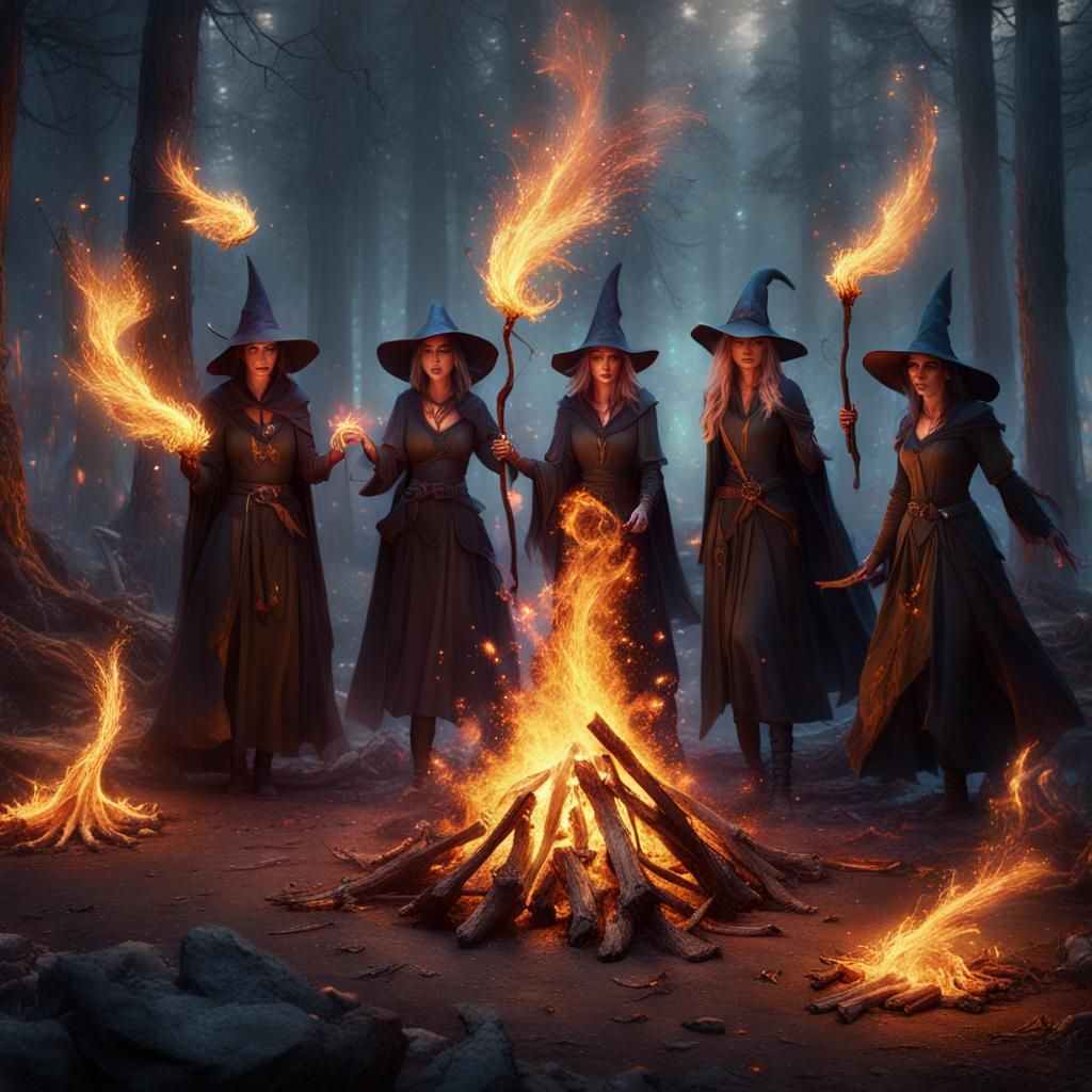 Witches' Coven Bonfire with Fairies: Fantasy Art