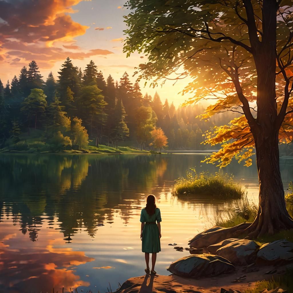 Serene Lake Sunset: Harmonious Digital Concept Art