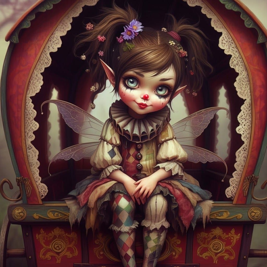 Whimsical Harlequin Pixie in Gypsy Wagon