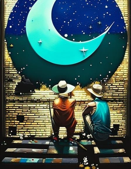 Man and Son Painting Pixel Moon, Fine Art Oil Painting