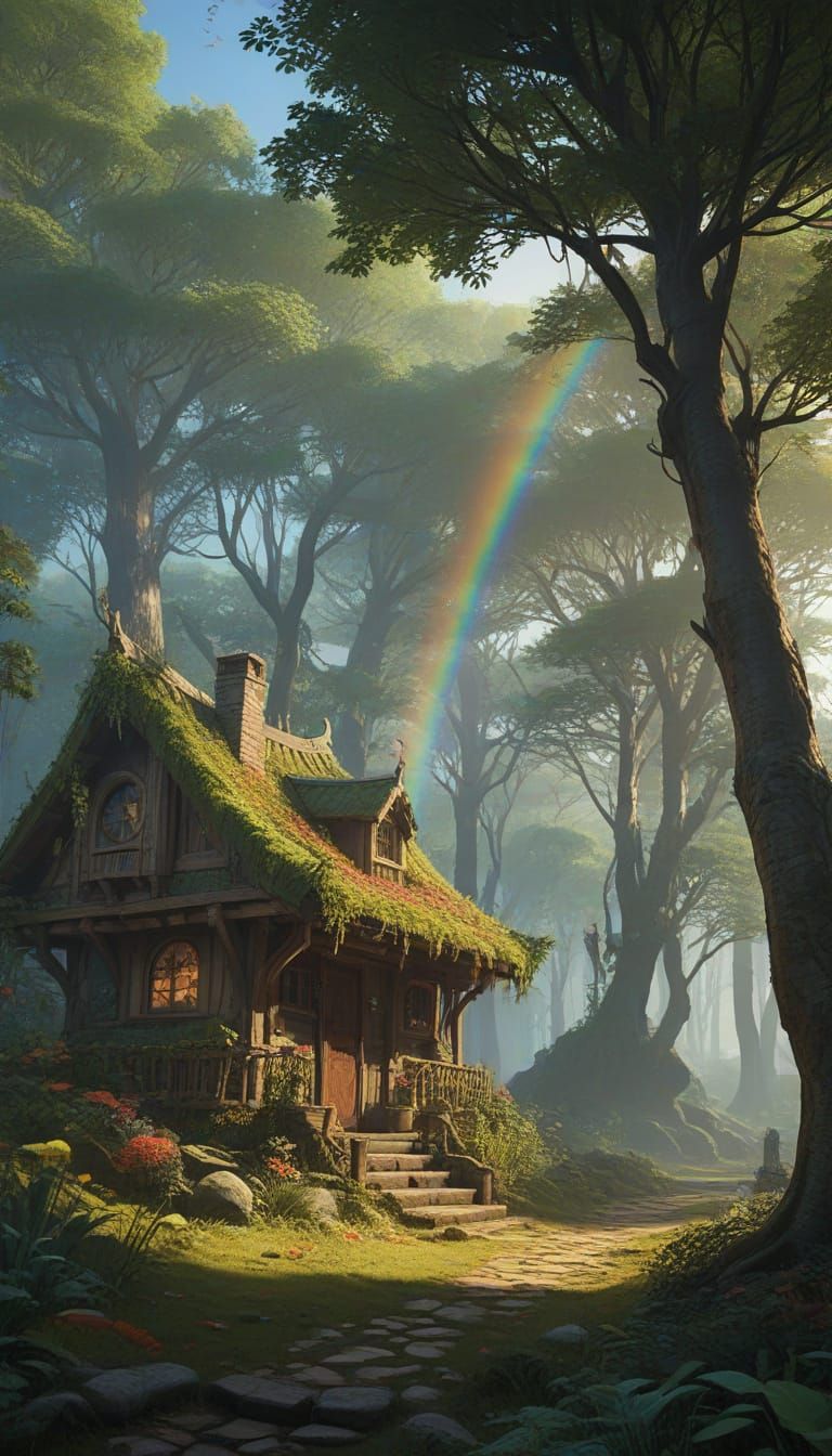 Rainbow Fairy Village in Misty Forest Clearing