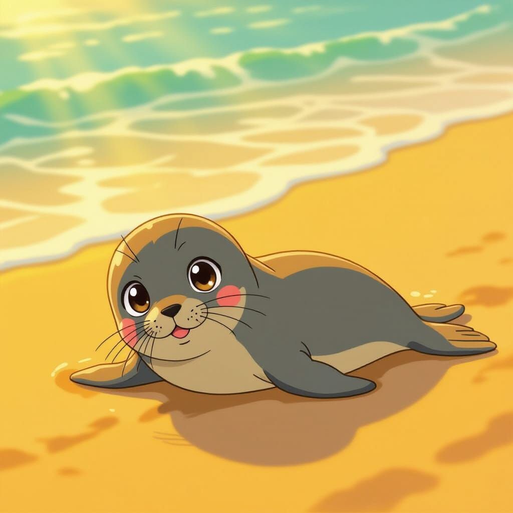 Adorable Anime Seal Rolling on Sunny Beach