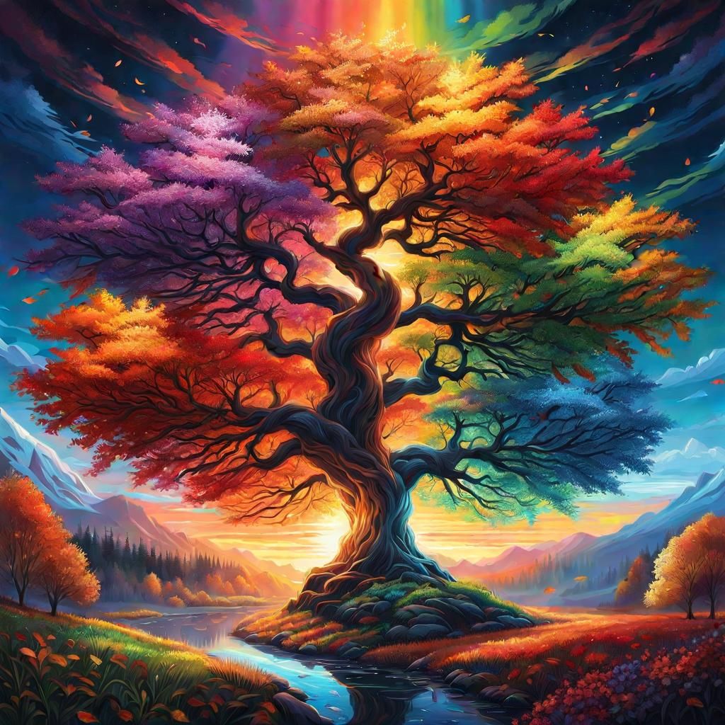Rainbow Trees Inspired by Seasons in Anime Style